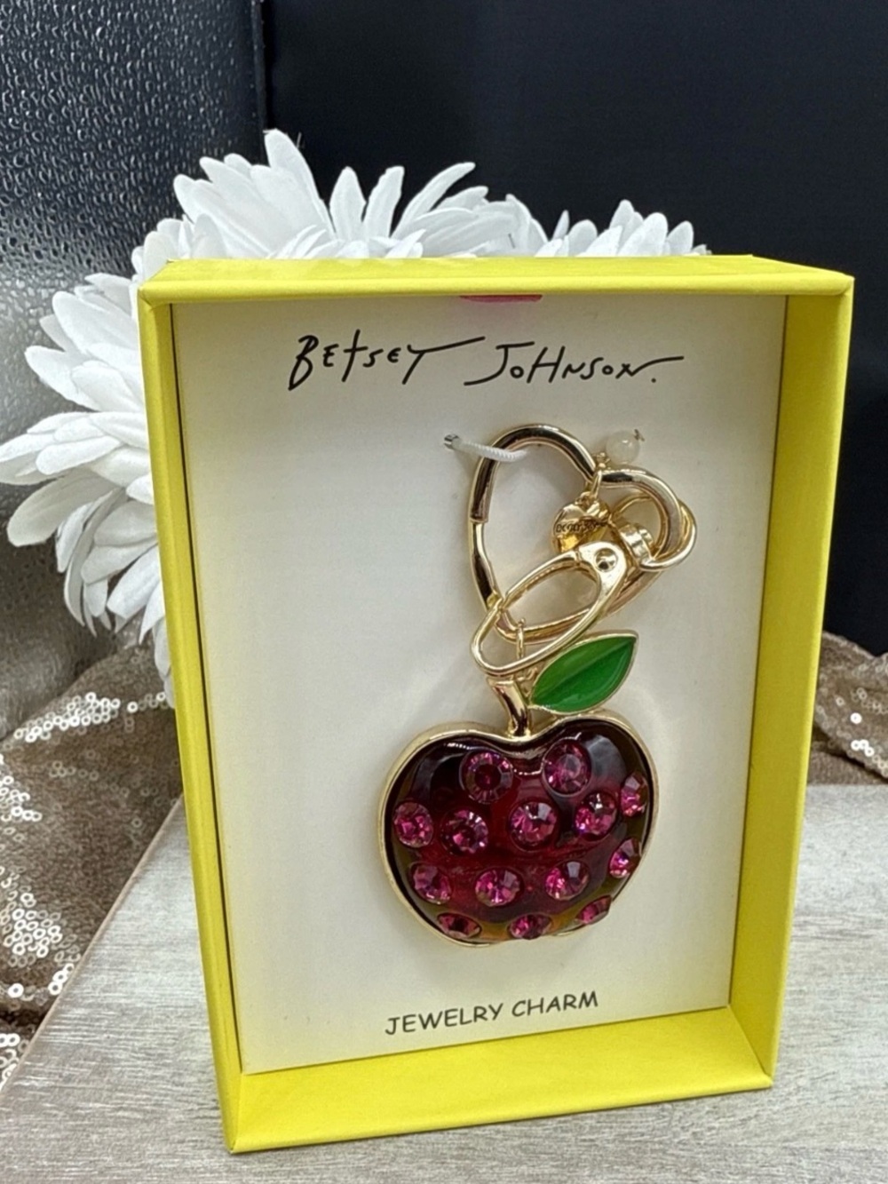 Betsey Johnson Gold-Tone Pink Crystal Apple Charm with Green Leaf